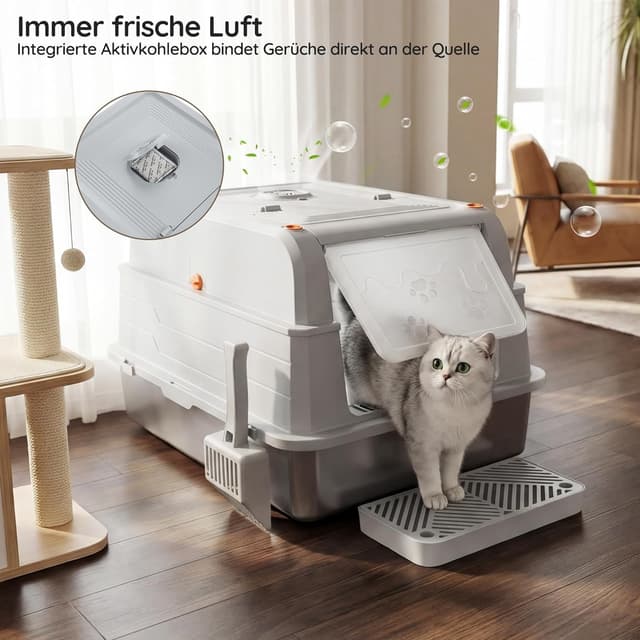 Detalle 2 de Devoko XXXL Katzenklo aus Edelstahl mit Deckel (geschlossen, 3-in-1) für große Katzen bis 20 kg