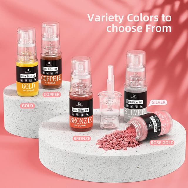 Detalle de Essbarer Glitzer in der Sprühflasche (5 Farben) – metallischer Glitzerstaub für Torten, Kekse & Getränke