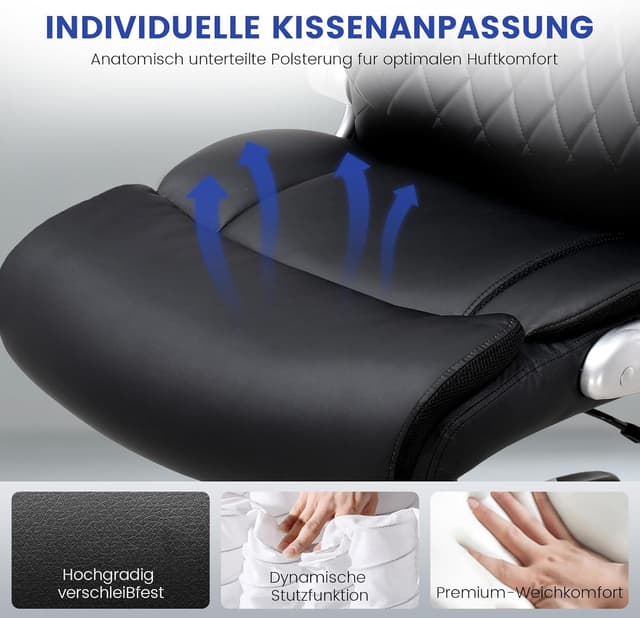 Thumbnail 6 de COMHOMA Bürostuhl ergonomisch mit S-förmiger Rückenlehne, Wippfunktion und klappbaren Armlehnen – Schwarz