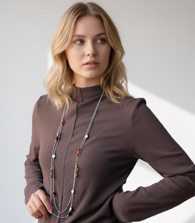 Detalle 2 de Bulinlin Damen lange Perlenkette mit Silber-Anhänger – Statement Halskette aus Modeschmuck