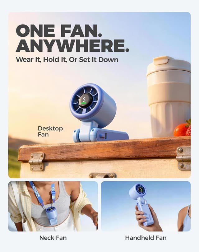 Detalle de Diveblues JetForce — ventilateur portable à main 3-en-1, 5 vitesses, batterie rechargeable