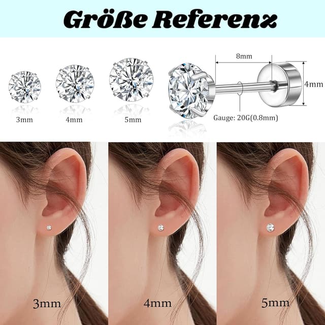 Detalle de Titan Ohrstecker Hypoallergen G23 mit Schraubverschluss und Zirkonia (3/4/5 mm)