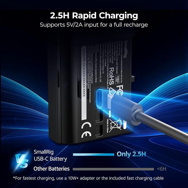 Detalle de SmallRig EN-EL15c da 2.520 mAh con ricarica USB-C e indicatore LED per Nikon Z e D (completamente decodificata)
