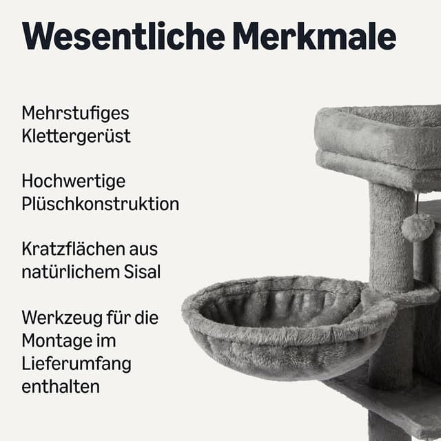 Detalle de Amazon Basics mehrstöckiger Kletterturm für Katzen und Kätzchen (76,2 cm) mit Kratzstämmen, Katzenhaus und Hängematte – grau