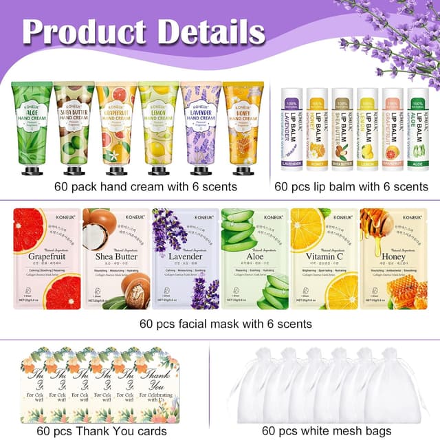 Detalle 2 de 60 Pack Bulk Lip Balm, Facial Mask & Hand Cream Sets for Easter Baskets, Teacher Appreciation, and Bridesmaid Gifts