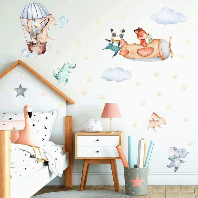 Detalle de TOARTI Flugzeug Tier Wandtattoo für Babyzimmer, 104×30 cm – lichtfarbener Wandsticker mit Elefant, Giraffe & Panda