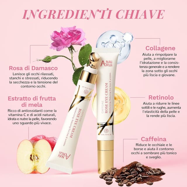 Detalle de ANAiRUi Crema Occhi alla Caffeina e Rosa per occhiaie, occhio gonfio e borse