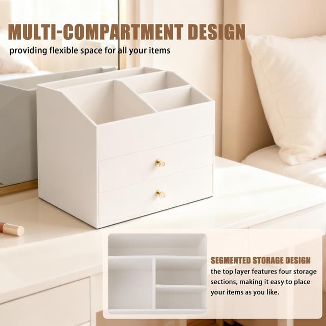 Thumbnail 6 de Homeanda Make-up-Organizer aus Kunstleder mit 2 Schubladen (weiß) – Ordnung für Kosmetik, Schmuck & Pflege