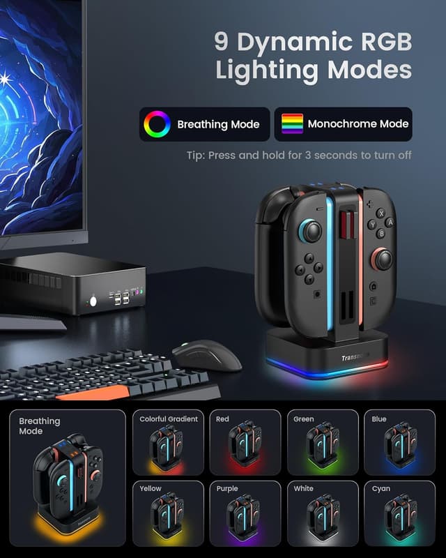 Detalle de TRANSNOVO Charging Dock for Nintendo Switch 2 (4-Slot) with RGB Lights and 8 Game Card Storage
