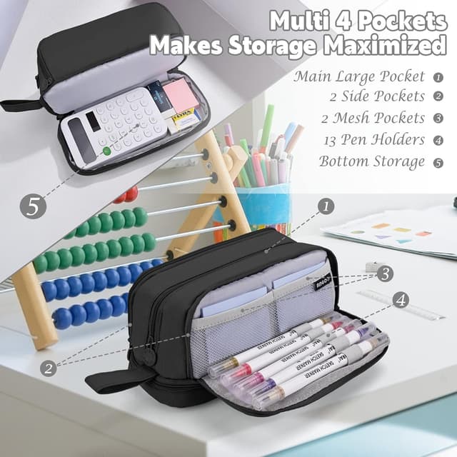 Detalle de Howala Large Capacity Pencil Case with 4 Compartments (Black canvas pouch)