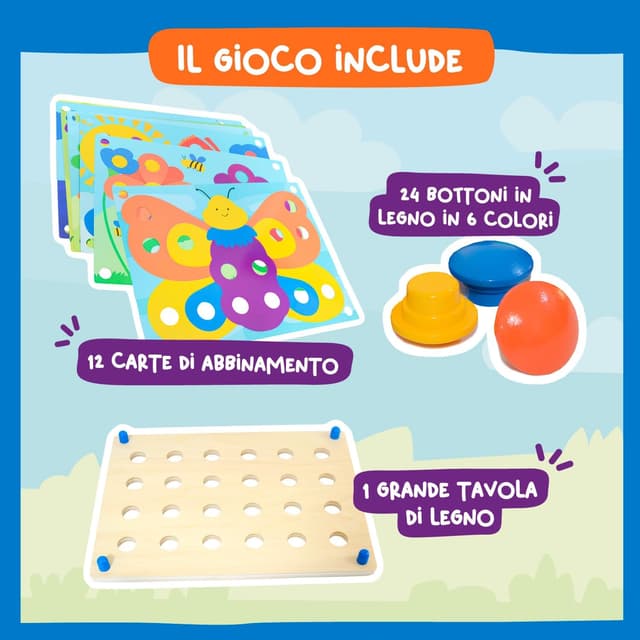 Detalle de Nene Toys Gioco Chiodini: puzzle educativo in legno Montessori con bottoni colorati (2+ anni)