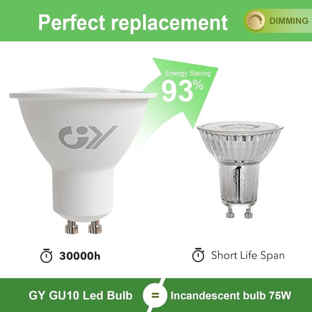 Detalle de GY GU10 dimmbare LED-Lampe, 4,9 W warmweiß (3000 K) – ersetzt 75 W, 120° Abstrahlwinkel, 10er-Pack
