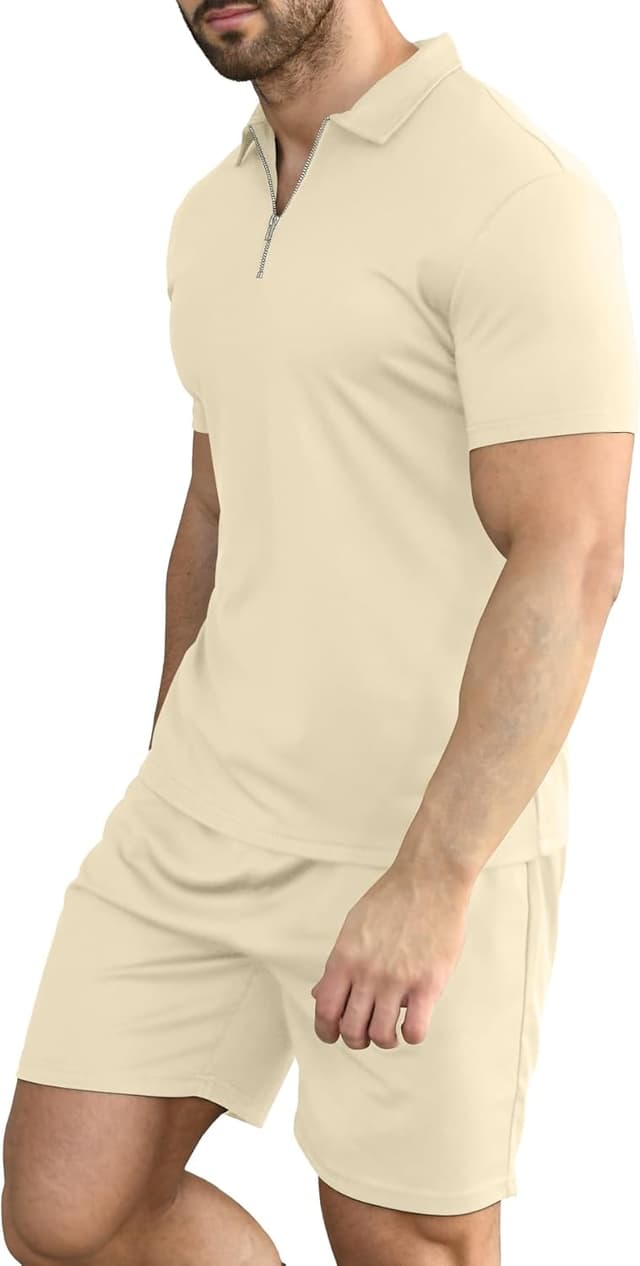 Detalle de KUYIGO Herren Sommer-Poloshirt & Shorts 2-teiliges Set aus Polyester/Spandex