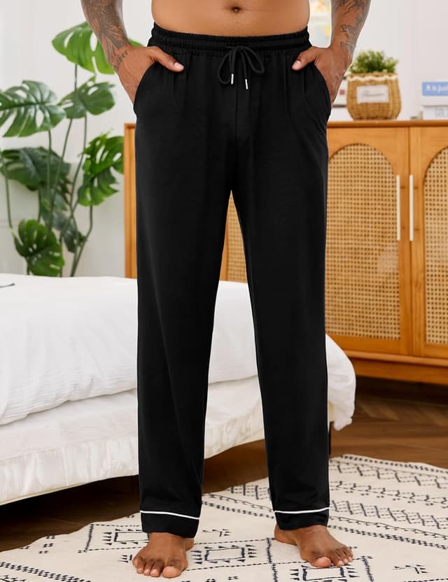 Detalle de Crewhpo Pantalon de pyjama homme en coton (mélange 65% coton/35% polyester) avec taille élastique et cordon, poches