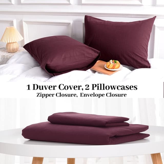 Detalle de NEXHOME PRO Queen Linen-Look Duvet Cover Set in Washed Cotton (Burgundy Dark Red)