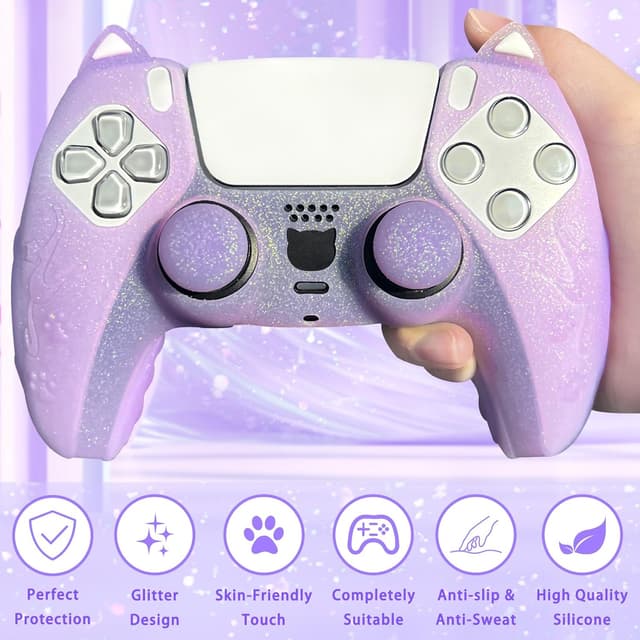 Detalle 2 de HLRAO Purple Cat Glitter anti-slip silicone controller skin & thumb grips for PS5 (8 PCS)