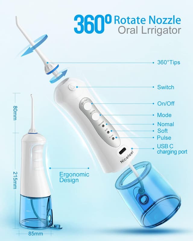 Detalle 2 de Nicefeel Cordless Water Flosser (300ml) with 4 Jet Tips, 3 Modes, USB Rechargeable, IPX7 Waterproof