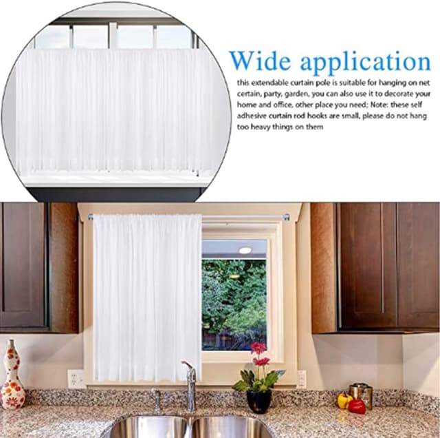 Detalle de BANJILI 6-Set Scheibengardinenstangen 30–50 cm, ausziehbar mit selbstklebenden Haken für Küche & Fenster