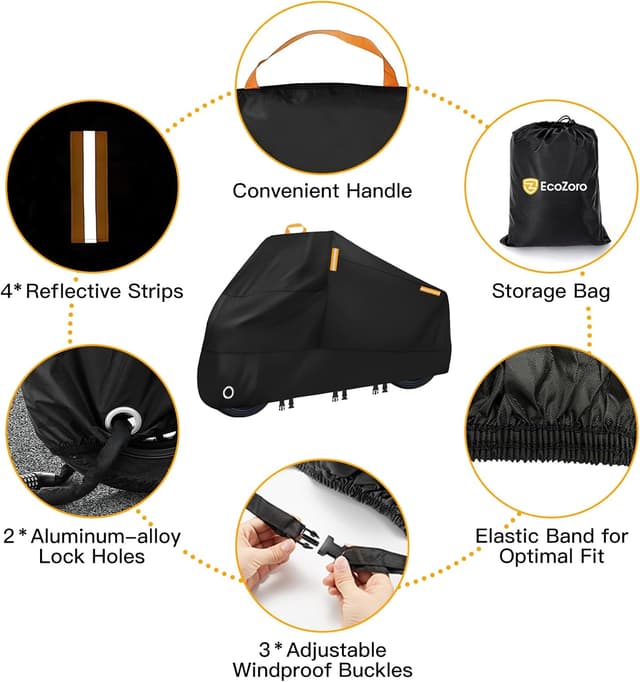 Detalle 2 de EcoZoro 300D Heavy Duty Motorcycle Cover (All-Season Waterproof) with Lock Holes, Reflective Strips & Storage Bag