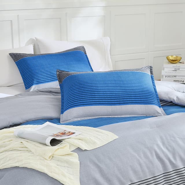Detalle de Litanika Queen Down Alternative Comforter Set (Grey Blue Striped) with 2 Pillowcases