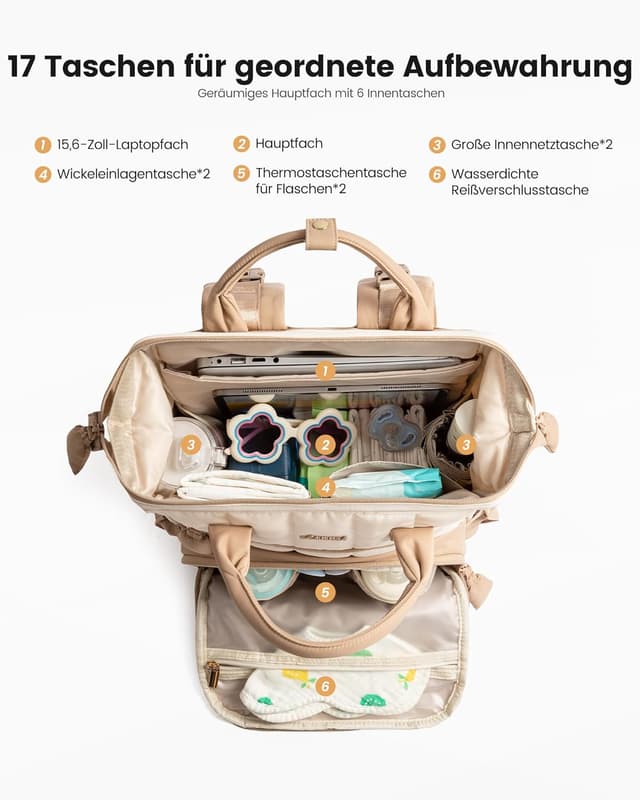 Detalle de LOVEVOOK Wickelrucksack groß mit Wickelunterlage und Organizer – wasserabweisende Babytasche für unterwegs