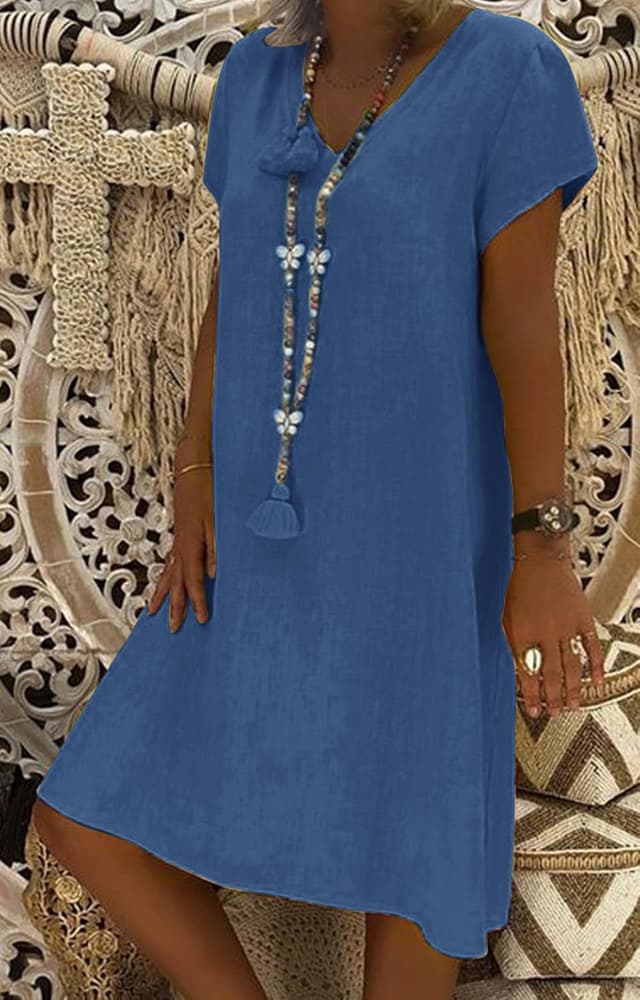 Detalle 2 de Tincini Sommerkleid Damen aus Baumwolle und Leinen – V-Ausschnitt Midikleid, Kurzarm, A-Linie