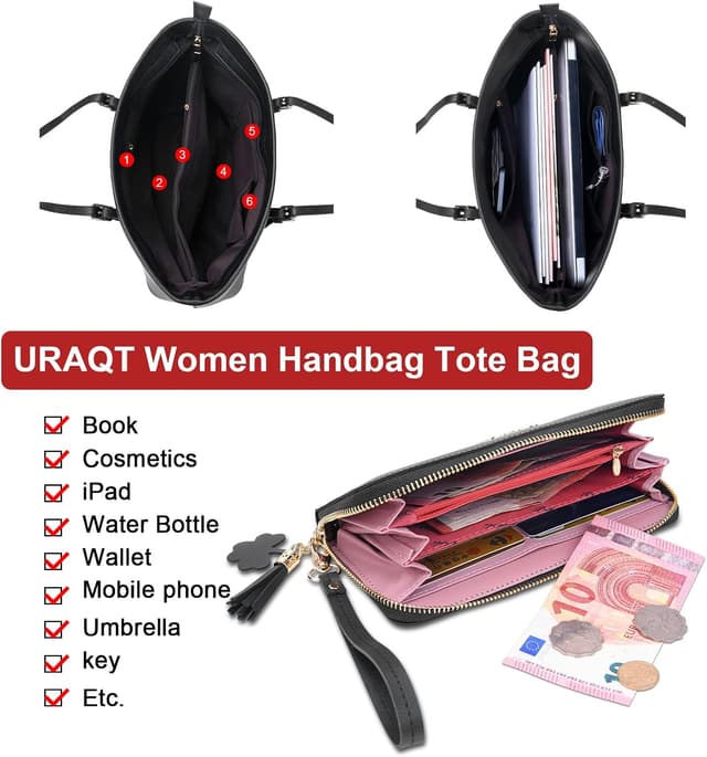 Detalle de URAQT Women’s 15.6-inch Large PU Leather Top-Handle Tote Bag with Wallet & Card Holder (Black)