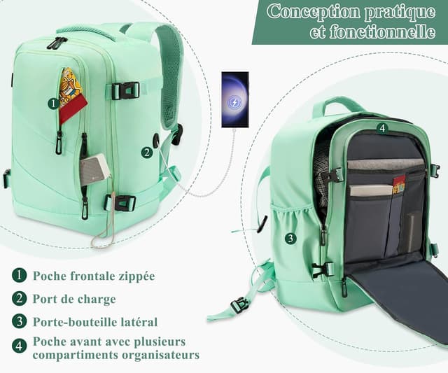 Detalle de Gluckstar Sac à dos Voyage Cabine 45x36x20 pour Easyjet – bagage à main léger pour week-end, travail