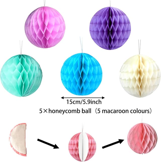 Detalle de Igone Pastel Birthday Party Decorations set: macaron banner, bunting, paper fans, pom poms & honeycomb balls