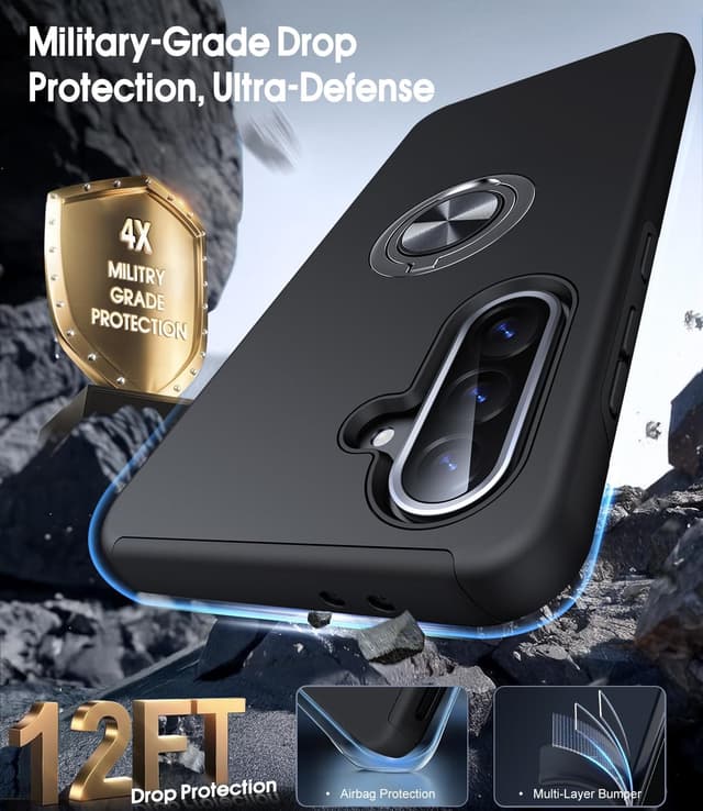 Detalle de AOUIA case for Samsung Galaxy A56 5G (Black) with 2-pack screen protectors and 360° ring kickstand