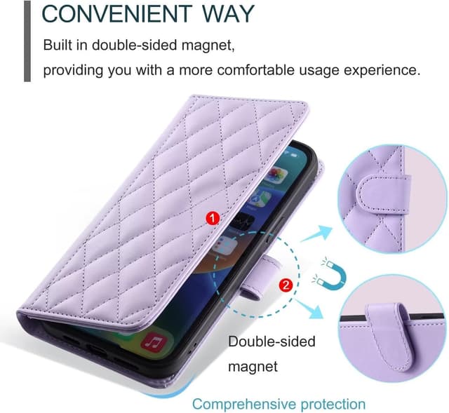 Detalle de ESONG Handykette Schutzhülle für Samsung Galaxy S24 FE – Leder-Brieftasche mit Kartenfach, Ständer und Magnetverschluss (lila)