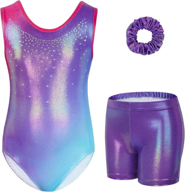 Detalle de Gogokids Girls’ Three-Piece Gymnastics Set (Sleeveless Leotard, Shorts & Hairband) for ages 3–12