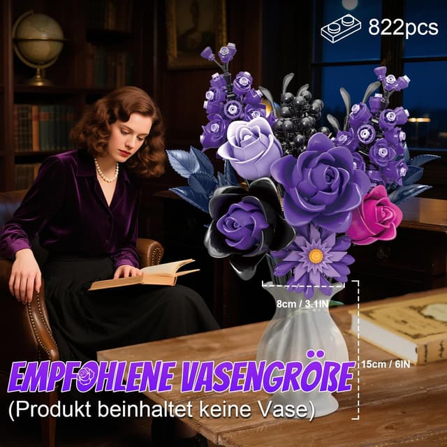 Detalle 2 de PENGBU RC Lila Rosen Blumenstrauß Klemmbausteine – 822-Teile Blumen-Bauspielzeugset für Erwachsene