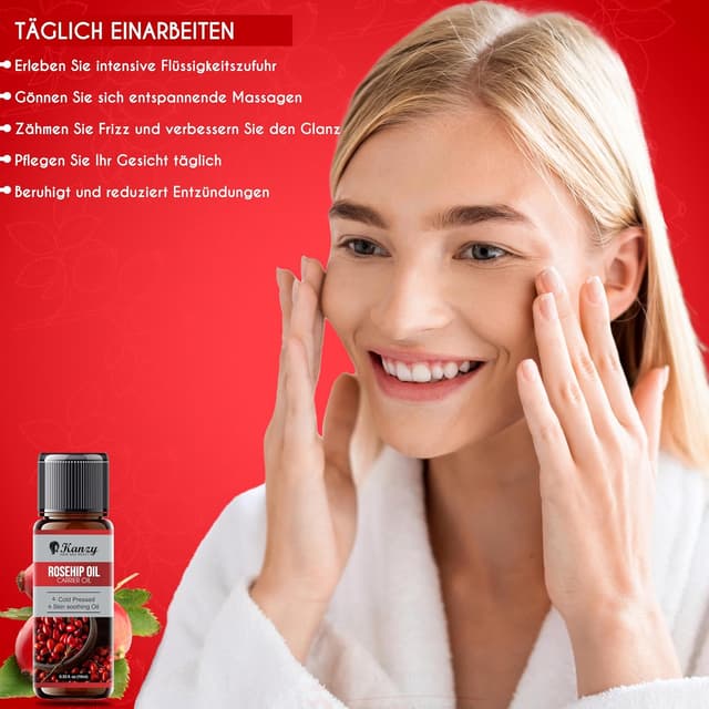 Detalle 2 de Kanzy Hagebuttenöl für das Gesicht (10 ml) – kaltgepresst, vegan & tierversuchsfrei