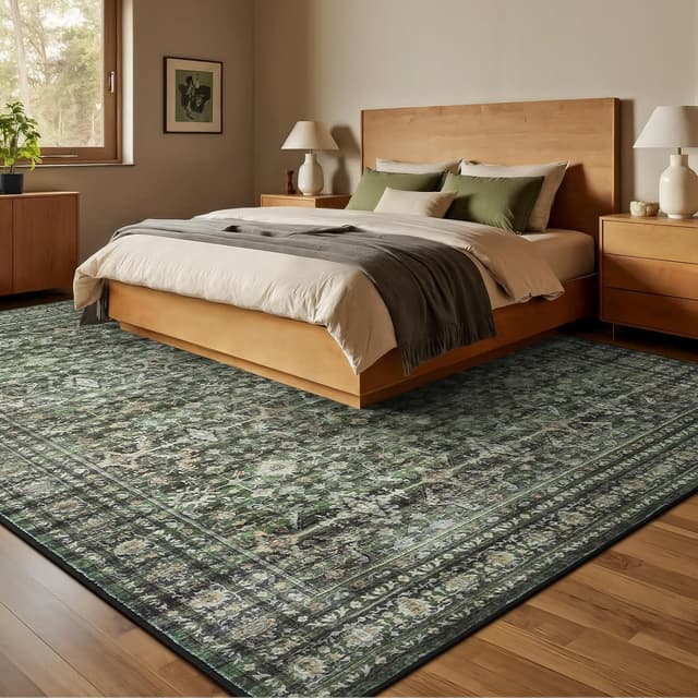 Detalle 2 de Lofus 8x10 Area Rug (Green) — Washable Boho Faux Wool Rug With Non-Slip TPR Backing