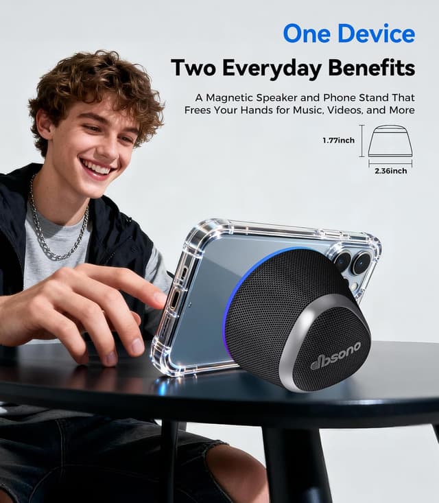 Detalle 2 de Portable Speaker Phone Stand Gifts 2-in-1 Magnetic Bluetooth Speakers with Phone Stand, IPX5 Waterproof, 9 Light Modes, TWS (Black)