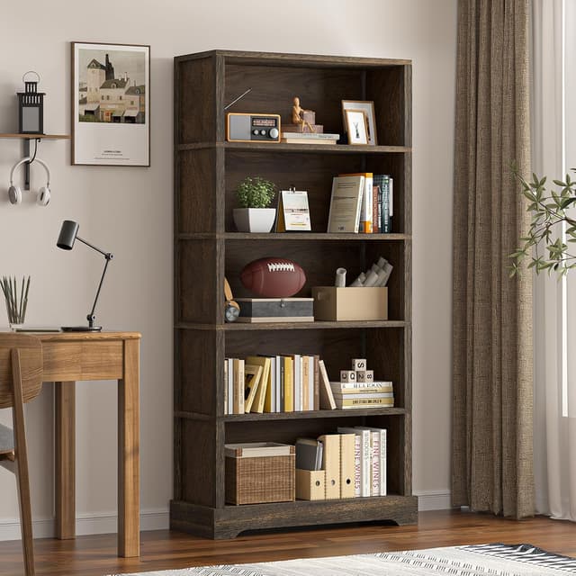 Thumbnail 6 de TVU 5-Tier Solid Wood Book Shelf (Walnut) — Floor-Standing 65" Farmhouse Bookcase