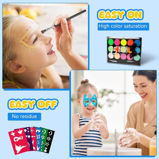 Detalle 2 de Kit de maquillage pour enfants AOOWU : palette 15 couleurs, pochoirs et strass pour Halloween, carnaval et fêtes
