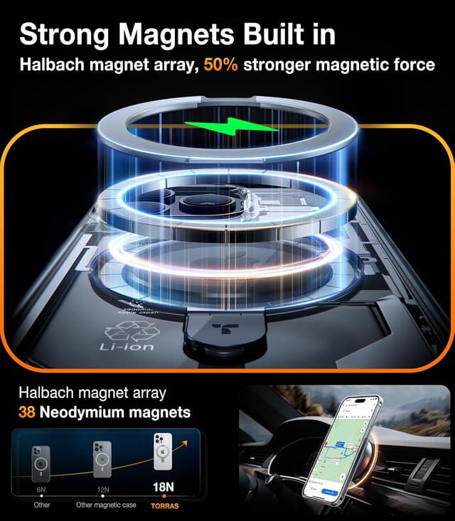 Detalle de TORRAS Magnetic Ostand for iPhone 15 Pro Max Case (MagSafe Compatible, Built-In Kickstand), Clear Slim Hard Back