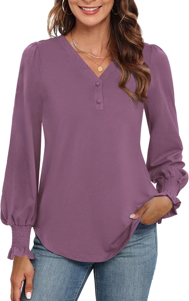 Thumbnail 6 de Neineiwu Langarmshirt Damen mit V-Ausschnitt und Knopfleiste – elegante Bluse lässig kombinierbar