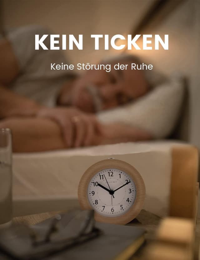 Detalle de aboveClock Analog-Wecker aus Holz ohne Ticken mit Snooze und Nachtlicht (Naturholz hellbraun)