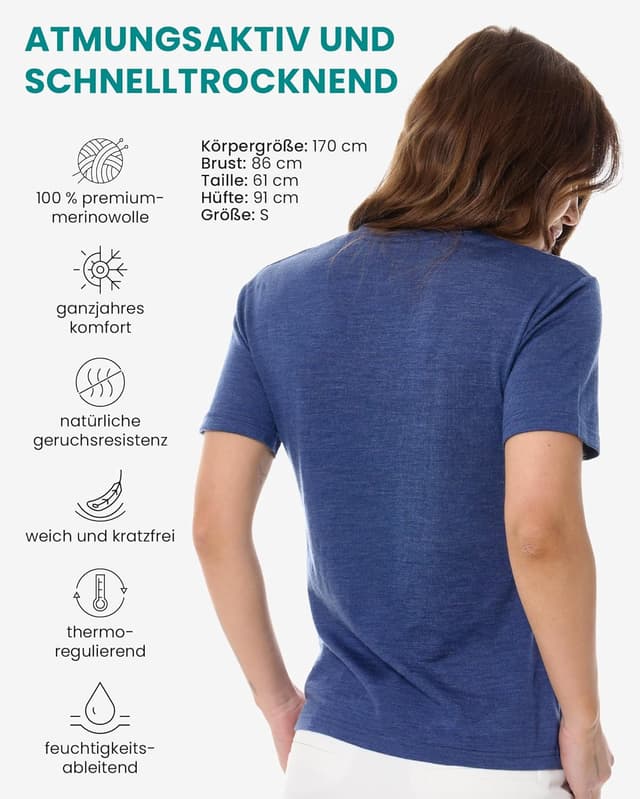 Detalle de Merino.tech 100% Merino Shirt Damen – Kurzarm Unterhemd fürs Wandern