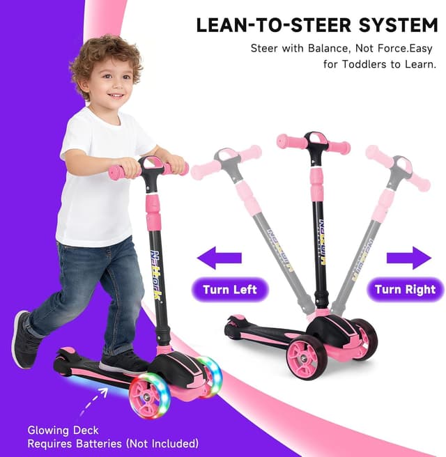 Thumbnail 6 de Nattork Kids Scooter (Age 3–8) with Light-Up 3 Wheels, Foldable Design, Adjustable Height (26–32 in) and Lean-to-Steer