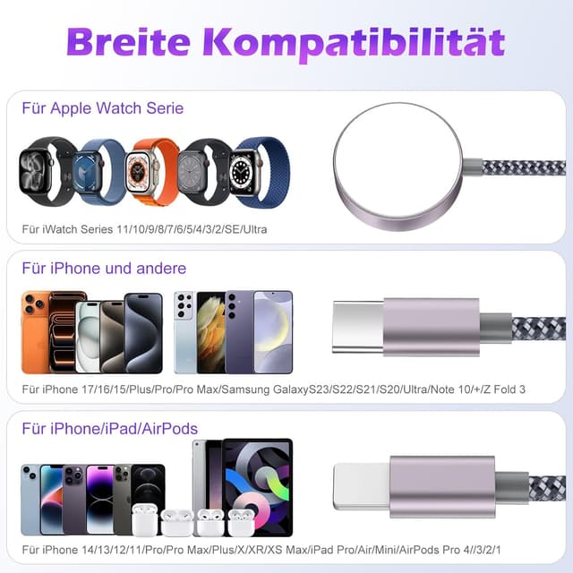 Detalle de 3‑in‑1 Ladekabel 120 cm für iPhone und Apple Watch