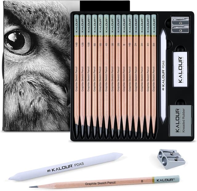 Detalle de KALOUR 18-Piece Professional Sketch Pencil Set (5H to 14B) with Erasers, Sharpener and Blending Stump