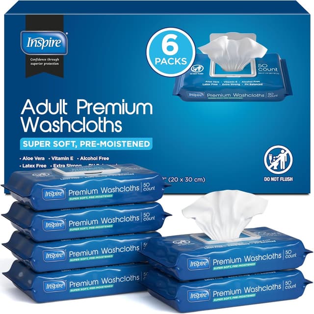 Detalle de Inspire Adult Wet Wipes (Aloe & Vitamin E) Extra Large Wash Cloths for Incontinence Care, 8"x12" — 300 Count