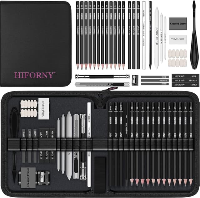 Detalle de HIFORNY 42-piece Drawing Set with graphite & charcoal pencils, blending tools and travel case