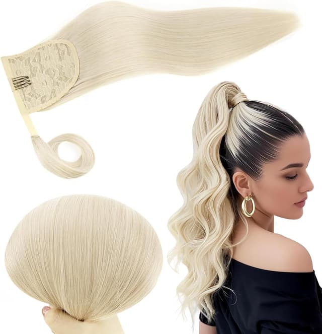 Detalle de RUNATURE Coda Capelli Veri Extension Biondi 22 pollici / 55 cm con #800 Bianca Wrap Around (80 g) in stile Cavallo