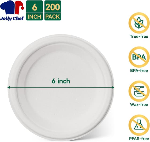 Detalle de JOLLY CHEF 100% Compostable Small Paper Plates (200 Pack, 6-Inch Heavy-Duty Dessert Plates)