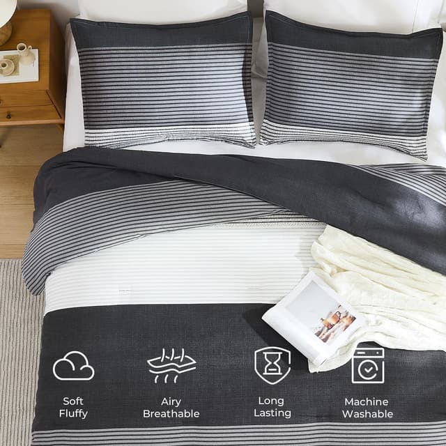 Detalle de Litanika Queen Comforter Set (Black, White, Grey) — Lightweight 3-Piece Down Alternative Bedding